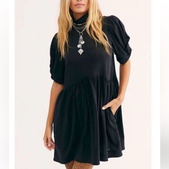 Free People Beach Dress Baby Doll Mini Linen Blend Short Sleeve Black Medium - Picture 1 of 9